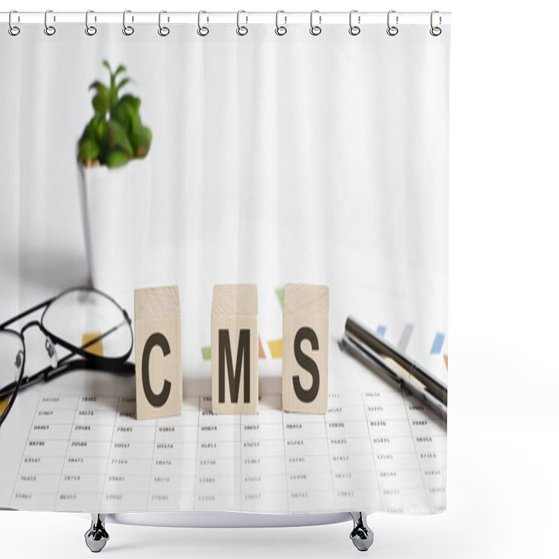 Personality  CMS Word Concept Written On Wooden Blocks, Cubes On A Light Table With Flower ,pen And Glasses On Chart Background Shower Curtains