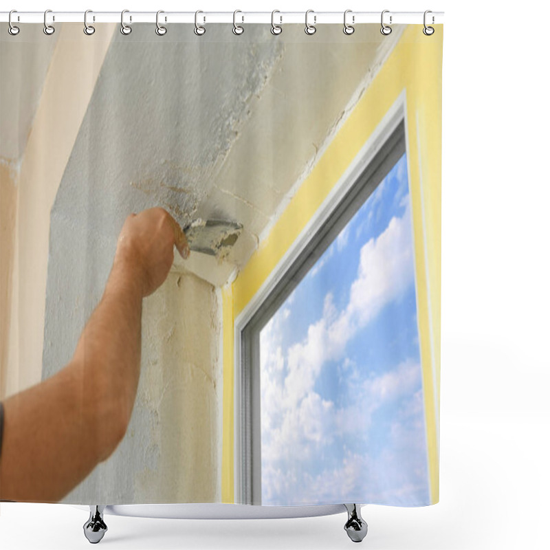 Personality  Man Plastering Window Area With Putty Knife Indoors, Closeup. Interior Repair Shower Curtains