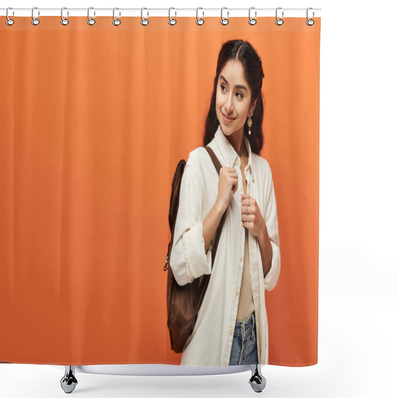 Personality  Young Indian Woman Confidently Stands With A Backpack Against Vibrant Orange Backdrop. Shower Curtains