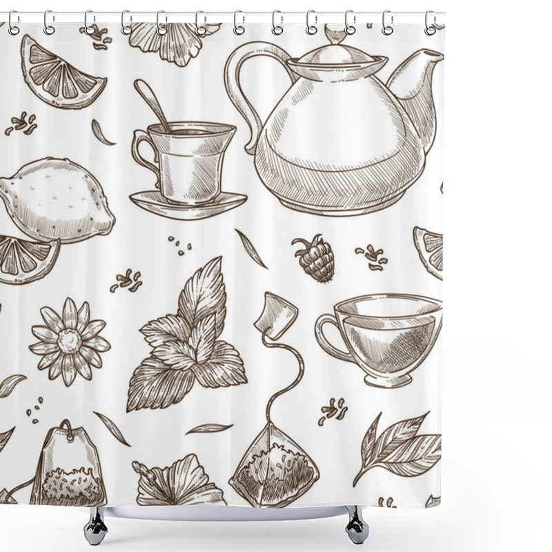 Personality  Tea Kettle And Mug Monochrome Outline Seamless Pattern  Shower Curtains