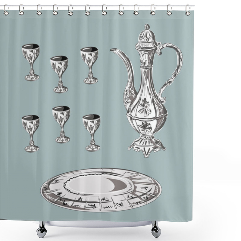 Personality  A Set Of Cognac, Wine, Liqueur. Jug, Glasses, Tray. Kitchenware. Dishes. Kitchen. Isolated Vector Objects. Shower Curtains