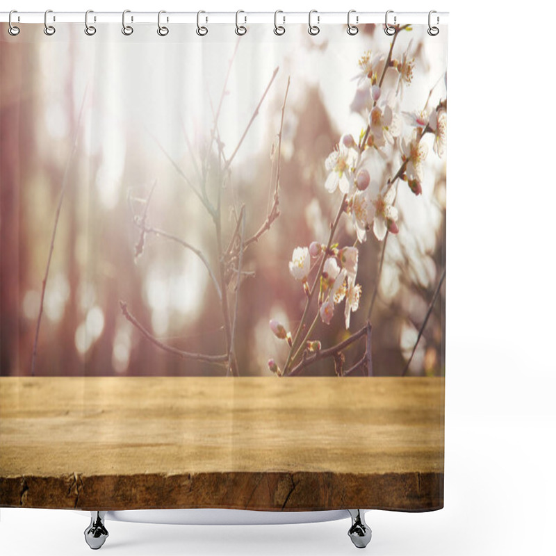 Personality  Wooden Table In Front Of Spring White Cherry Blossoms Tree Shower Curtains