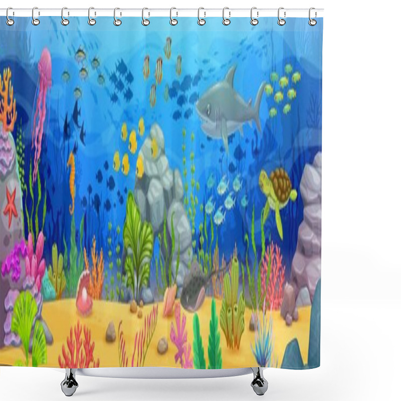 Personality  Long Banner With Sea Underwater Landscape. Cartoon Shark And Turtle, Fish Shoals, Seaweeds And Corals On Sand Bottom Vector Background. Blue Water Waves With Jellyfish, Seahorse, Starfish, Stingray Shower Curtains