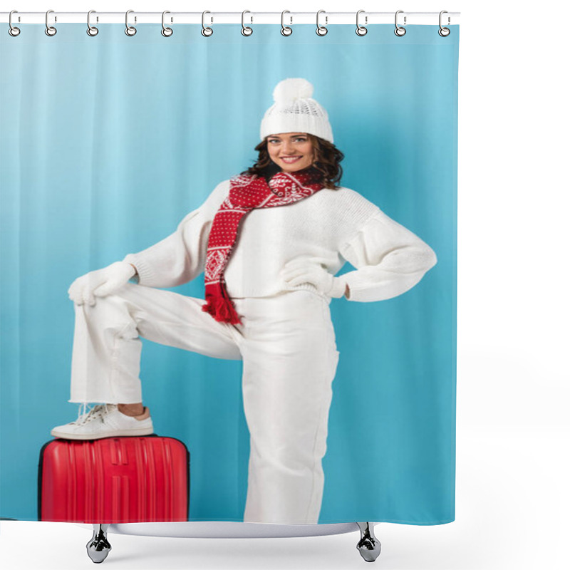 Personality  Joyful Young Woman In Winter Outfit Standing On Suitcase On Blue Shower Curtains