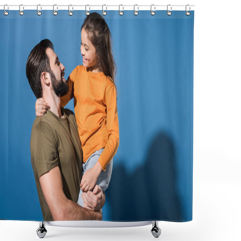 Personality  Handsome Father Holding Smiling Daughter On Blue Shower Curtains