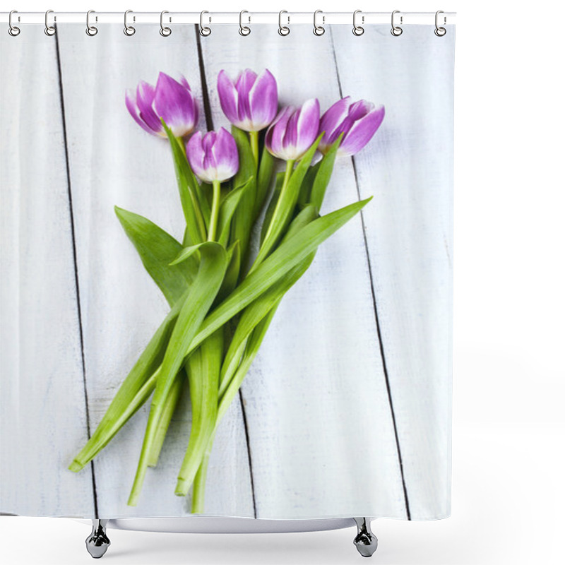 Personality  Purple Tulips On Wooden Background Shower Curtains