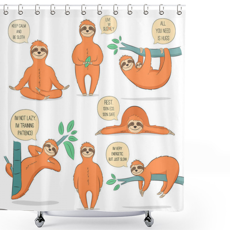 Personality  Cute Hand Drawn Sloths Set, Print On T-shirt, Poster And Greeting Card. Vector Illustration Shower Curtains