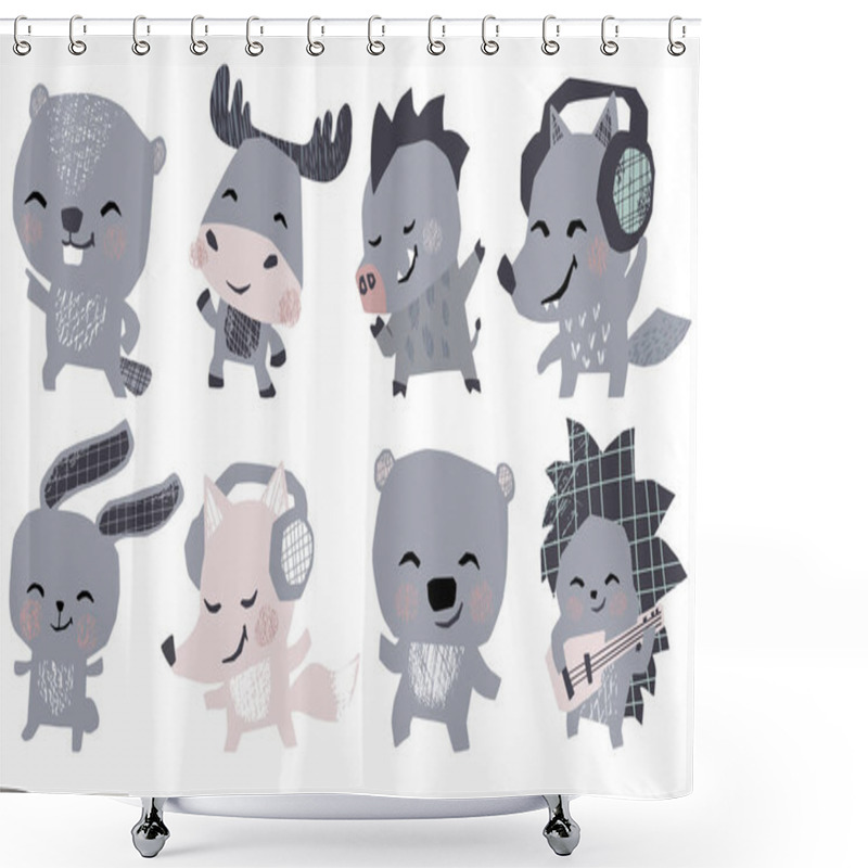 Personality  Moose, Bunny, Bear, Fox, Hedgehog, Wolf, Boar, Beaver Musik Band Cute Set. Animals Dance, Plays Guitar, Lisen Headphones. Shower Curtains