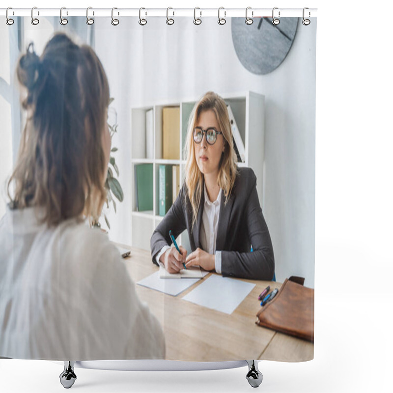 Personality  Young Female Candidate Interviewed By Employer Shower Curtains