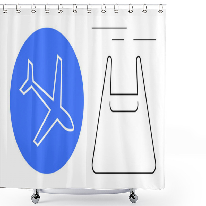 Personality  Airplane In White Outline Against Blue Circle Paired With Black Abstract Runway. Ideal For Aviation, Travel, Speed, Transportation, Logistics, Journey Concepts, Global Connectivity. Minimalist Shower Curtains