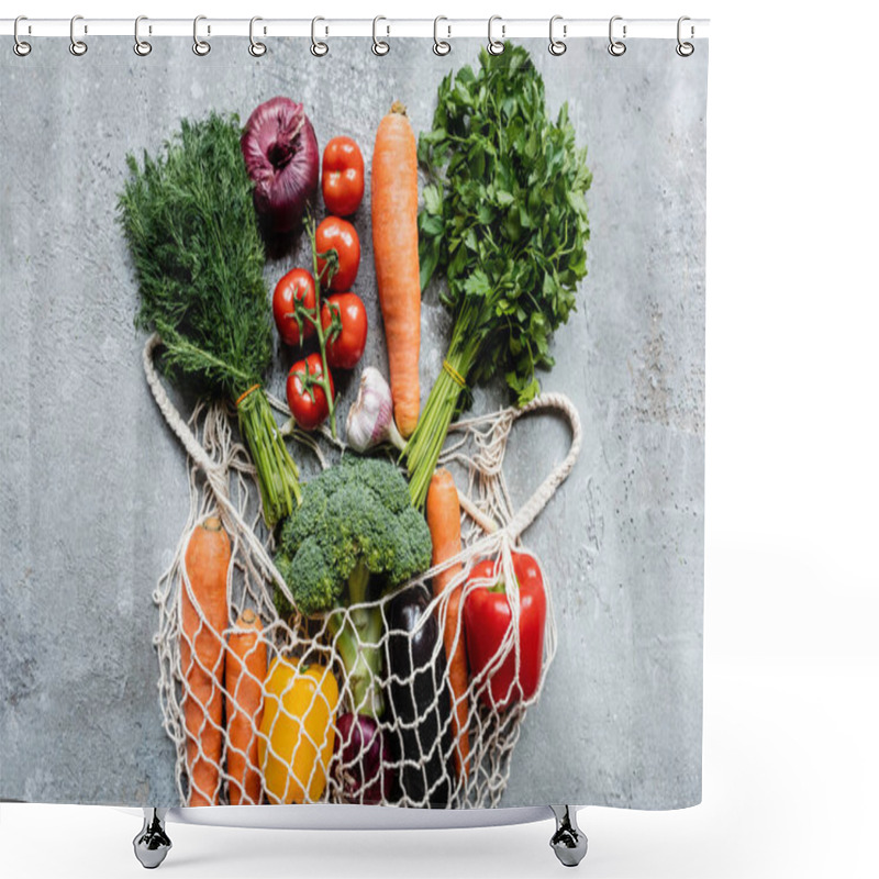 Personality  Top View Of Fresh Ripe Vegetables In String Bag On Grey Concrete Surface Shower Curtains