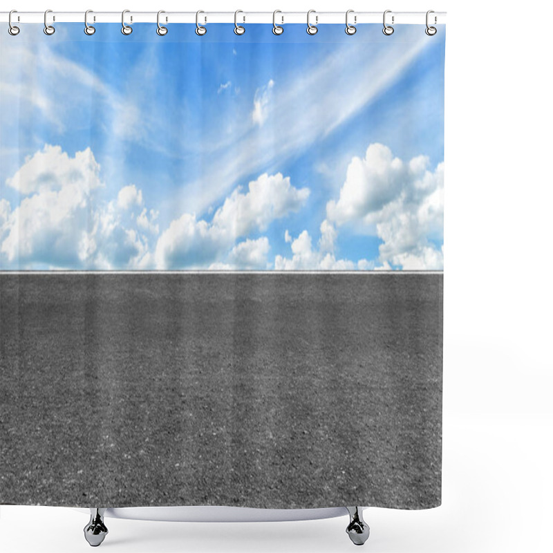 Personality  Asphalt Road With Marking Lines White Stripes Texture And Blue Sky Background Texture With White Clouds Landscape Background. Shower Curtains