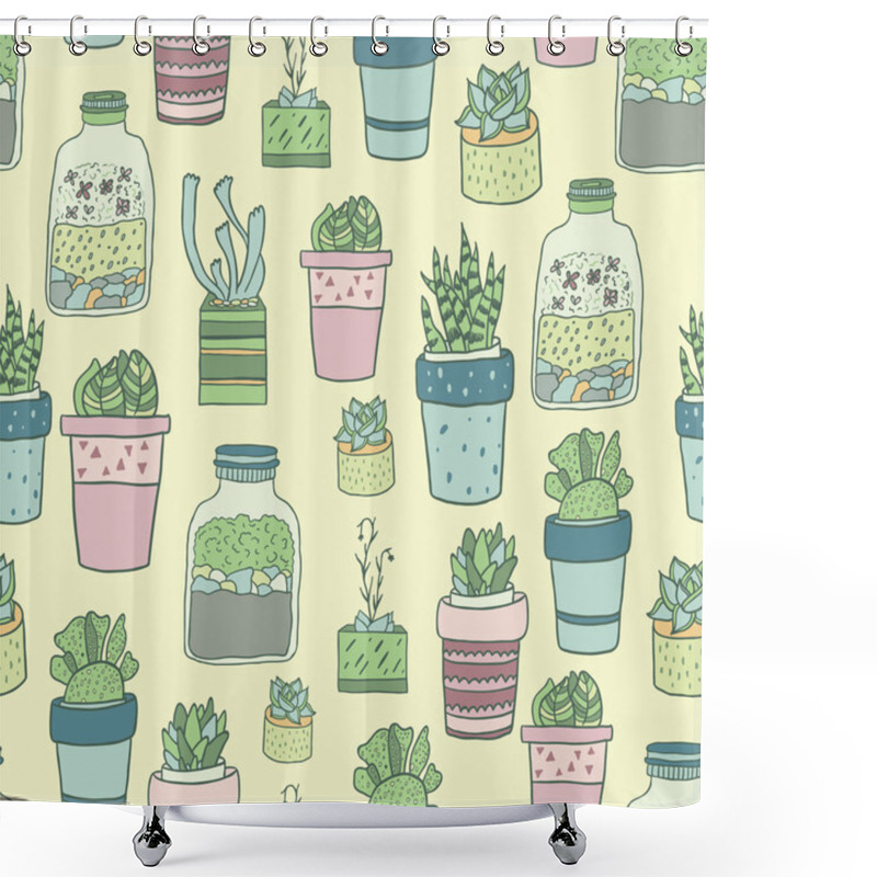 Personality  Cute Hand Drawn Terrariums, Houseplants And Succulents In Pots. Seamless Vector Pattern. Shower Curtains