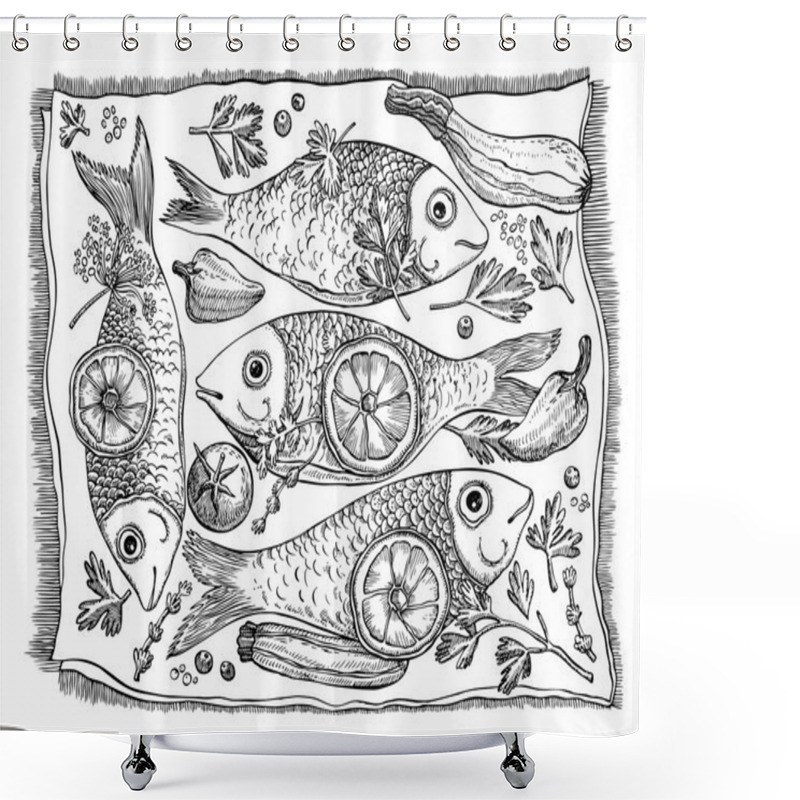 Personality  Fish Plate. Vector Illustration. Shower Curtains