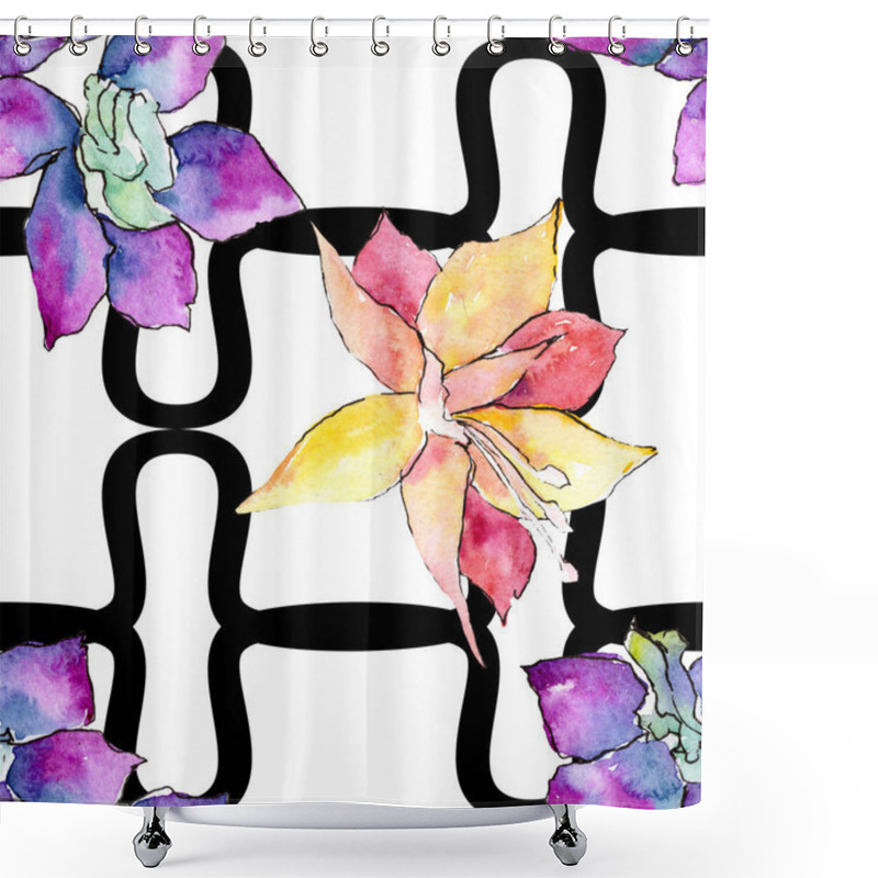 Personality  Purple And Yellow Orchid Flowers. Seamless Background Pattern. Fabric Wallpaper Print Texture. Watercolor Background Illustration. Shower Curtains