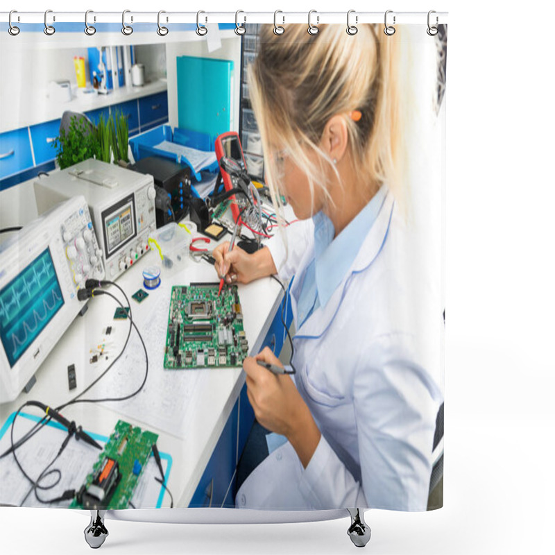 Personality  Female Electronic Engineer Testing Computer Motherboard In Labor Shower Curtains