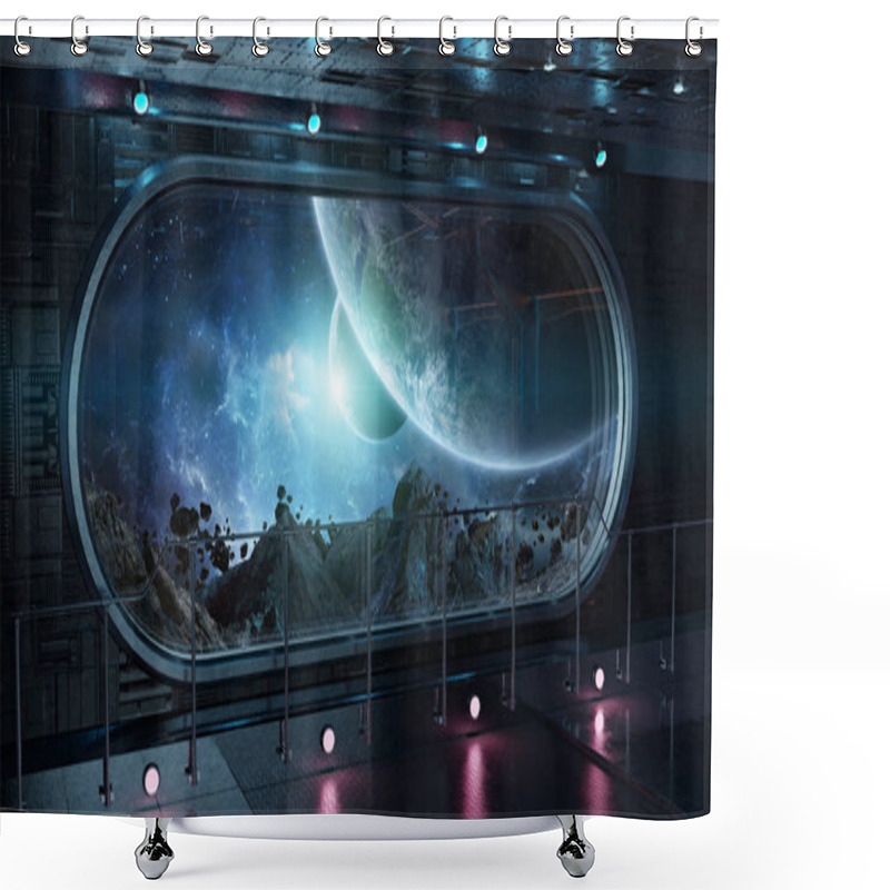 Personality  Black Tech Spaceship Round Window Interior With View On Distant Planets System 3D Rendering Elements Of This Image Furnished By NASA Shower Curtains