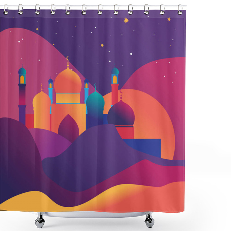 Personality  Mosque Illustration With Vibrant Domes And Minarets, Featuring A Gradient Sunset Landscape With A Peaceful Starry Sky. A Perfect Design For Ramadan And Eid Greeting Cards Or Decorations. Shower Curtains