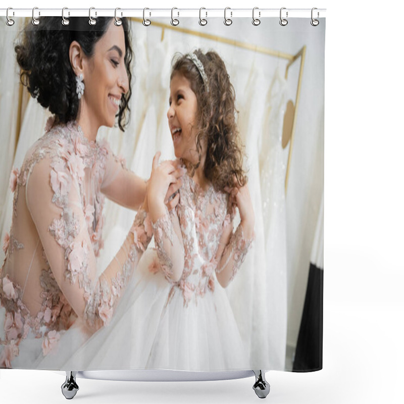 Personality  Happy Middle Eastern Woman With Brunette Hair In Floral Wedding Dress Hugging Shoulders Of Smiling Daughter In Cute Attire With Tulle Skirt In Bridal Salon, Shopping, Special Moment, Togetherness  Shower Curtains