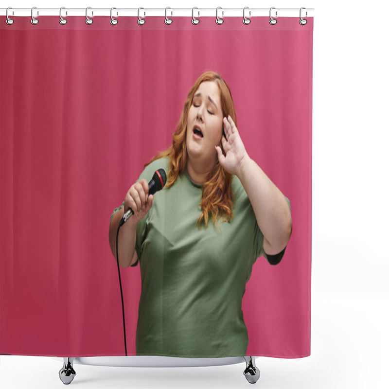 Personality  A Woman With Red Hair Sings Into A Microphone, Her Hand Cupped Behind Her Ear. Shower Curtains