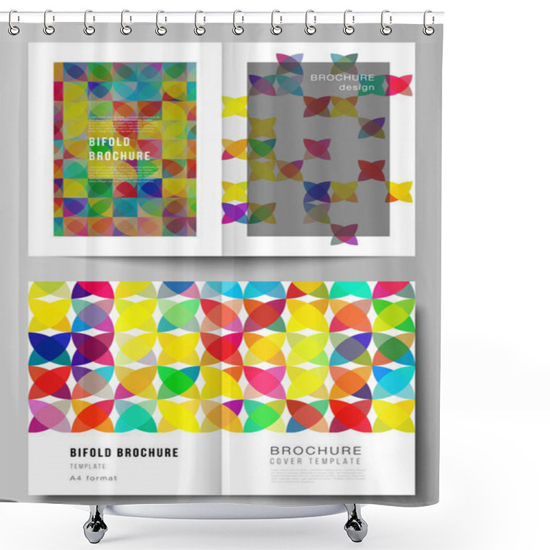 Personality  Vector Layout Of Two A4 Format Modern Cover Mockups Design Templates For Bifold Brochure, Flyer, Booklet, Report. Abstract Background, Geometric Mosaic Pattern With Bright Circles, Geometric Shapes. Shower Curtains