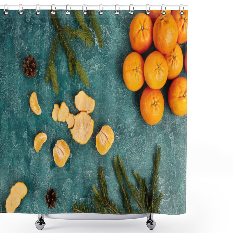 Personality  Fresh Mandarins And Pine Cones With Fir Branches On Blue Rustic Backdrop, Christmas Theme, Top View Shower Curtains