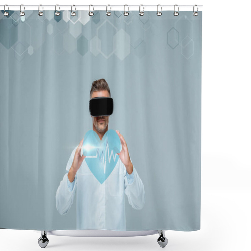 Personality  Scientist In Virtual Reality Headset Holding Heart With Heartbeat Isolated On Grey, Artificial Intelligence Concept Shower Curtains