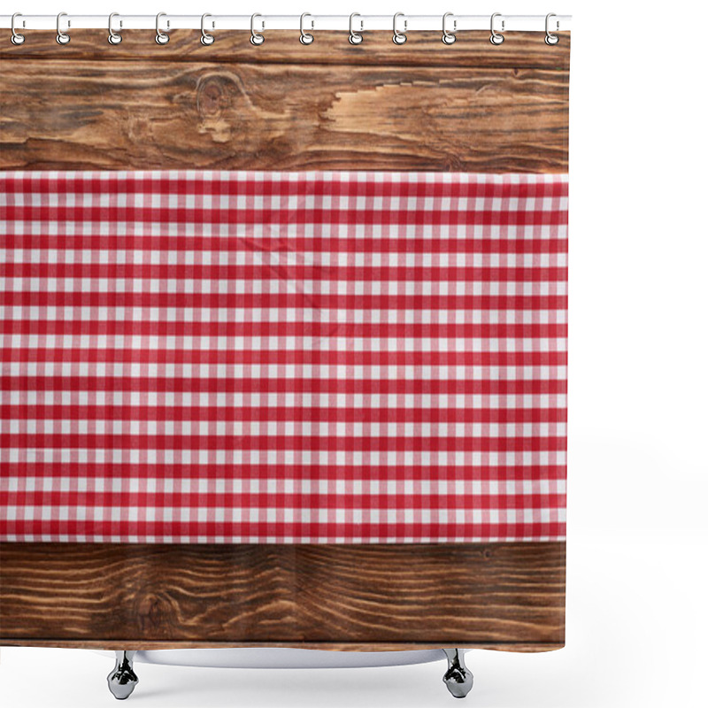 Personality  Top View Of Red Checkered Napkin On Wooden Brown Table Shower Curtains