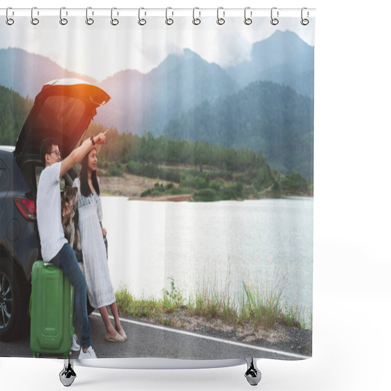 Personality  Happy And Young Asian Couple Enjoying Life Travel With Pets. Couple Travelers Sitting In Car Trunk Playing With Dogs And Pointing To Sky At Countryside. Lifestyle Travel Adventure And Outdoor Vacation. Shower Curtains