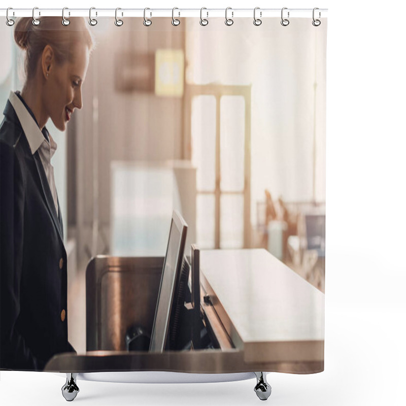 Personality  Side View Of Attractive Young Airport Worker At Workplace At Airport Check In Counter Shower Curtains