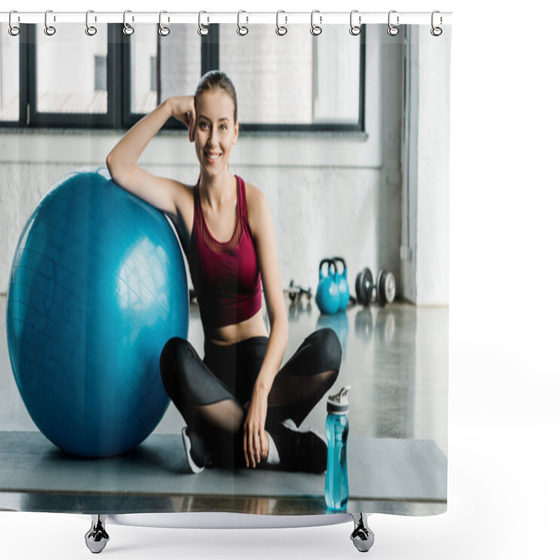 Personality  Beautiful Sportswoman Looking At Camera And Sitting On Mat With Blue Fitness Ball At Gym Shower Curtains