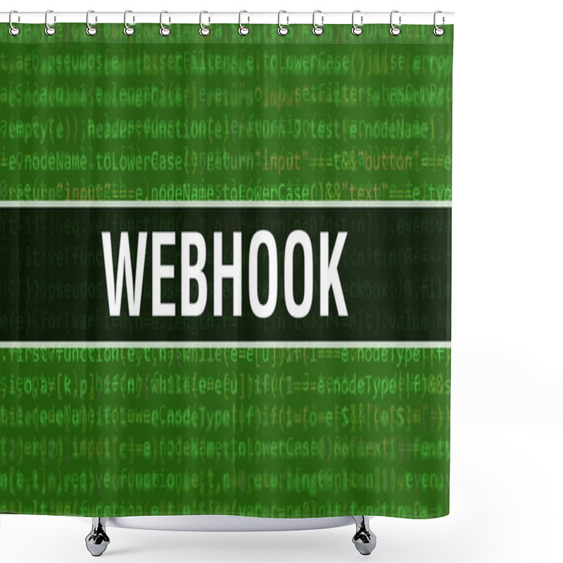 Personality  Webhook With Digital Java Code Text. Webhook And Computer Software Coding Vector Concept. Programming Coding Script Java, Digital Program Code With Webhook On Screen Illustratio Shower Curtains