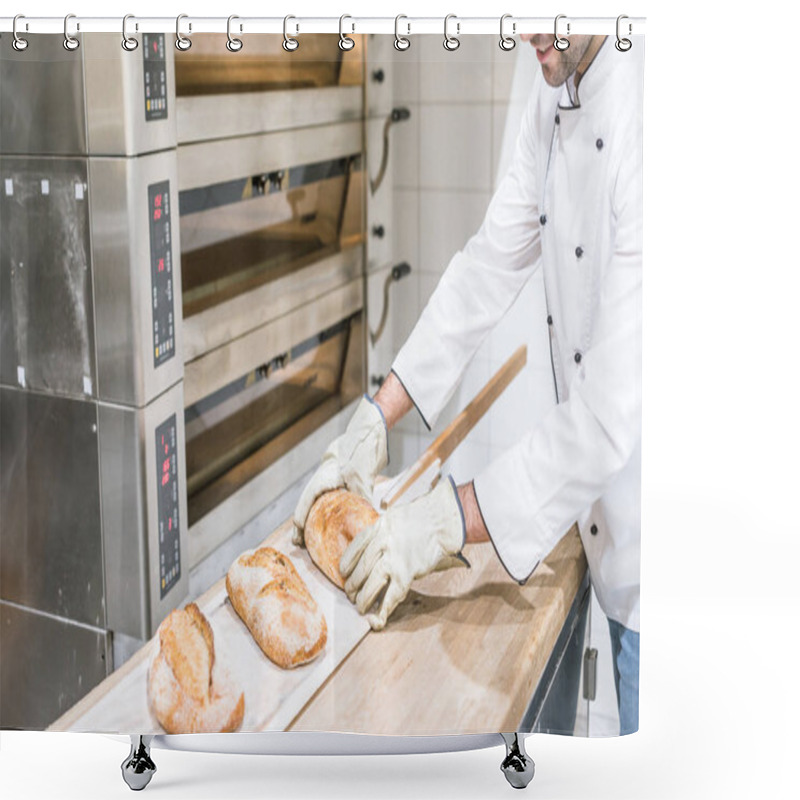 Personality  Baker Standing Near Oven With Hot Baked Bread On Wooden Counter Shower Curtains