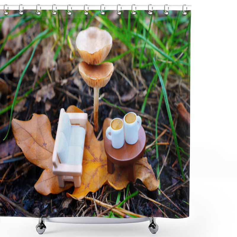 Personality  Miniature Sofa And Coffee Cups On A Toy Table, Nestled By The Towering Mushrooms In The Forest. Calming Escape From The Everyday Fuss. Shower Curtains