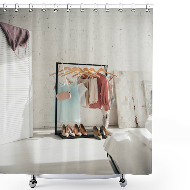 Personality  Stylish Clothes Near High Heels Near White Brick Wall  Shower Curtains