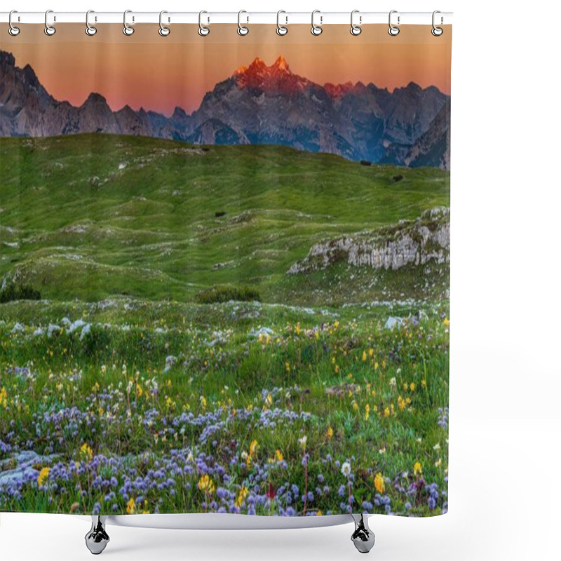 Personality  Mountain Panorama At Sunrise With Flower Meadow In The Foreground, Prato Piazza, Dolomites, Fanes National Park, Dobbiaco, Italy, Europe  Shower Curtains