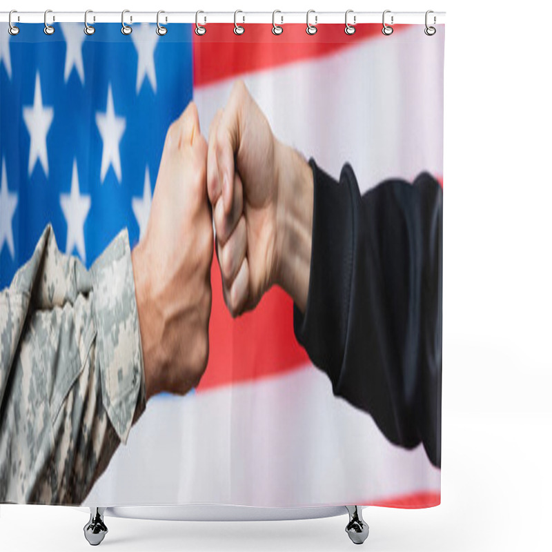 Personality  Cropped View Of Soldier Fist Bumping With Civilian Man Near American Flag On Blurred Background, Banner Shower Curtains