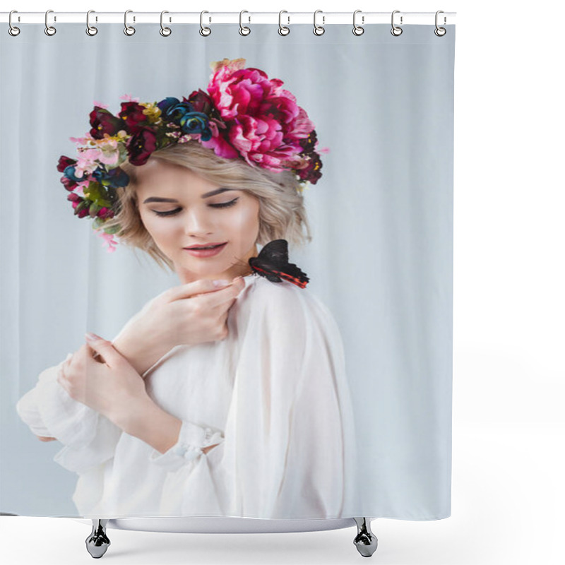 Personality  Attractive Model Posing In Floral Wreath With Butterfly On Shoulder, Isolated On Grey Shower Curtains