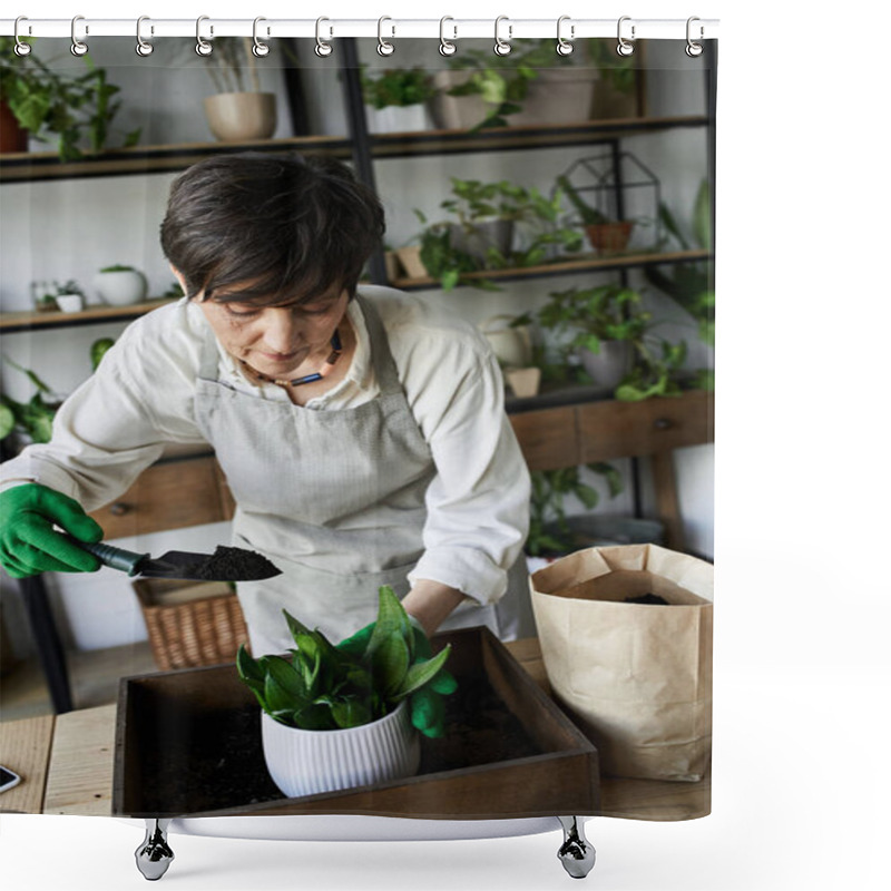 Personality  A Gardener Lovingly Cares For Her Plants In A Cozy Studio. Shower Curtains