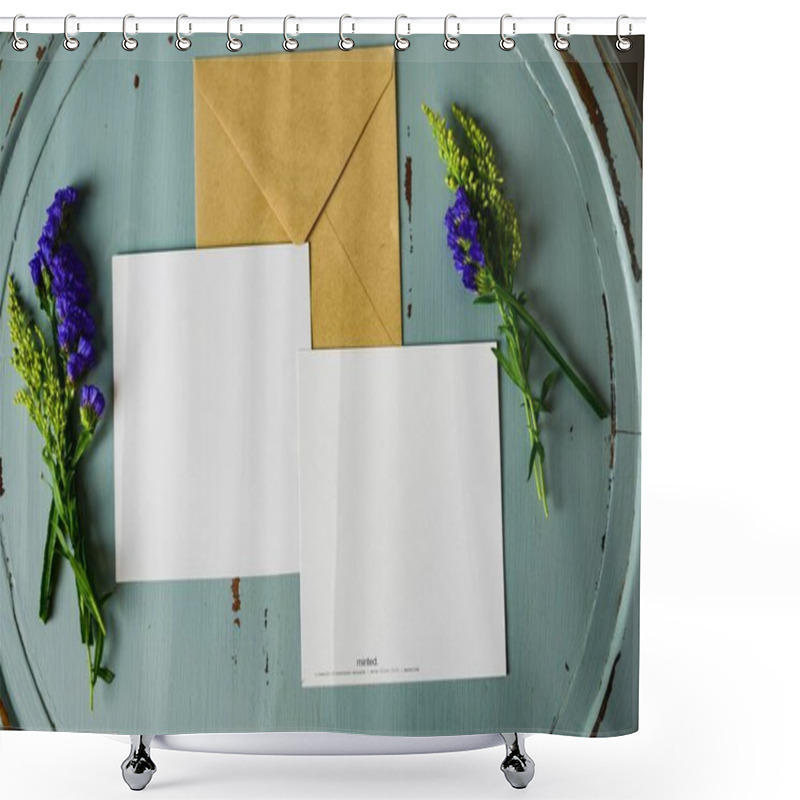 Personality  Delicate Arrangement Of Blank Cards And Flowers On A Rustic Table. Shower Curtains