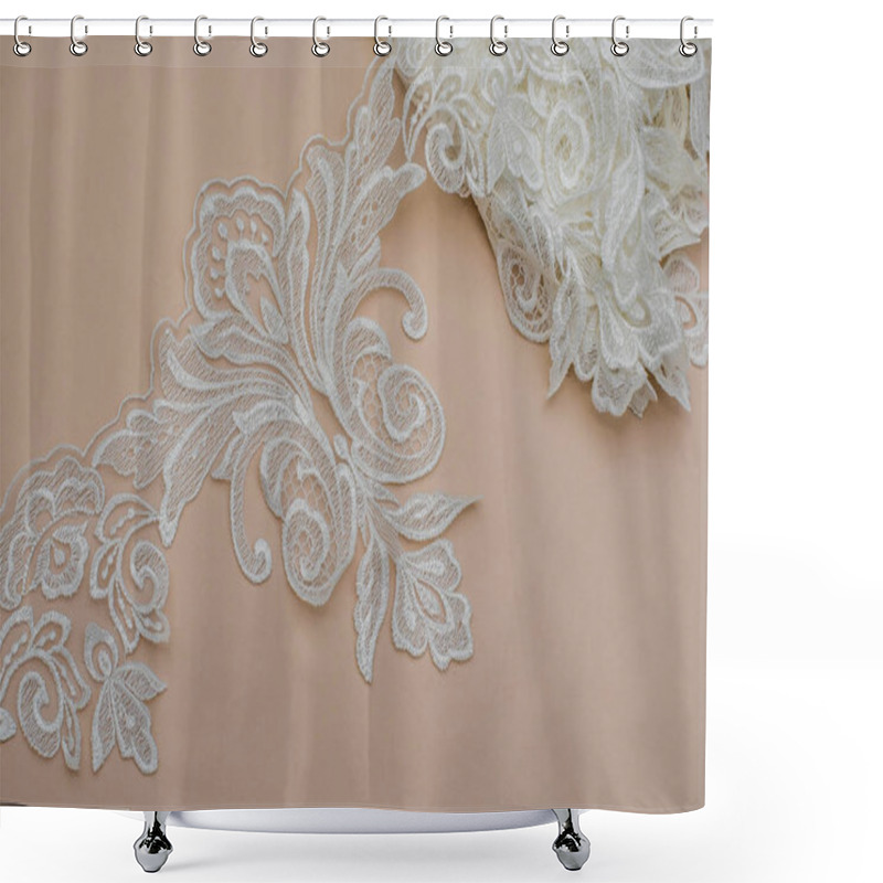 Personality  Texture Lace Fabric. Lace On White Background Studio. Thin Fabric Made Of Yarn Or Thread. A Background Image Of Ivory-colored Lace Cloth. White Lace On Beige Background. Shower Curtains