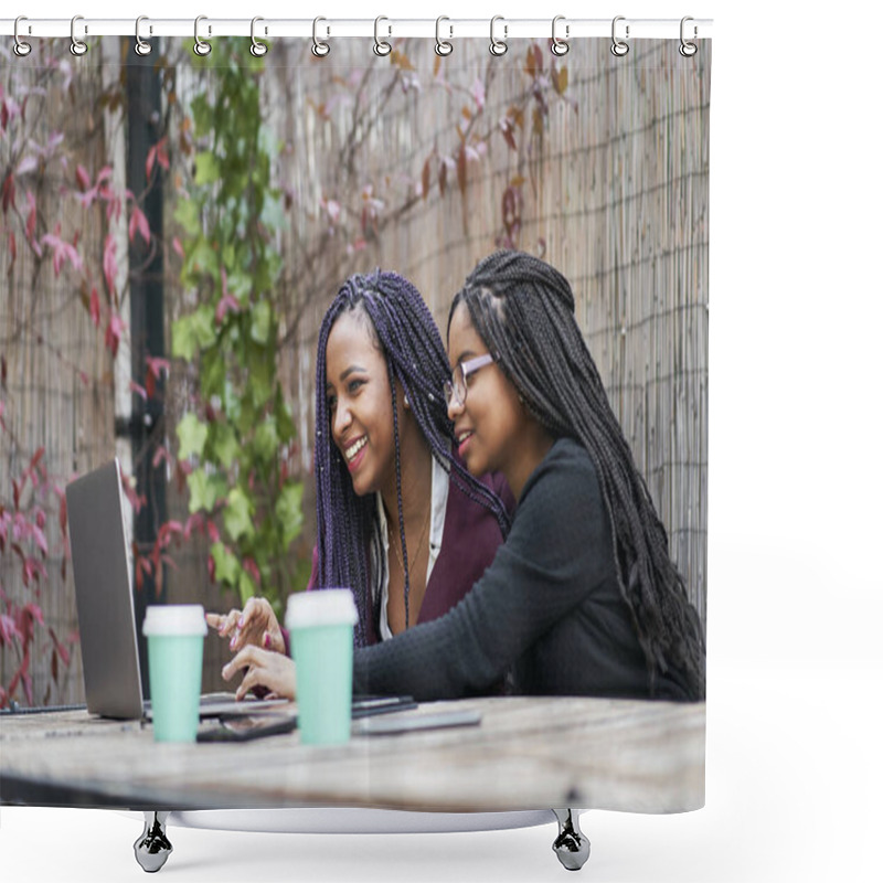 Personality  Two Happy And Positive Young People Working On Laptop And Smiling. Independent Student Girls Working Or Doing Homework On The Street. Shower Curtains