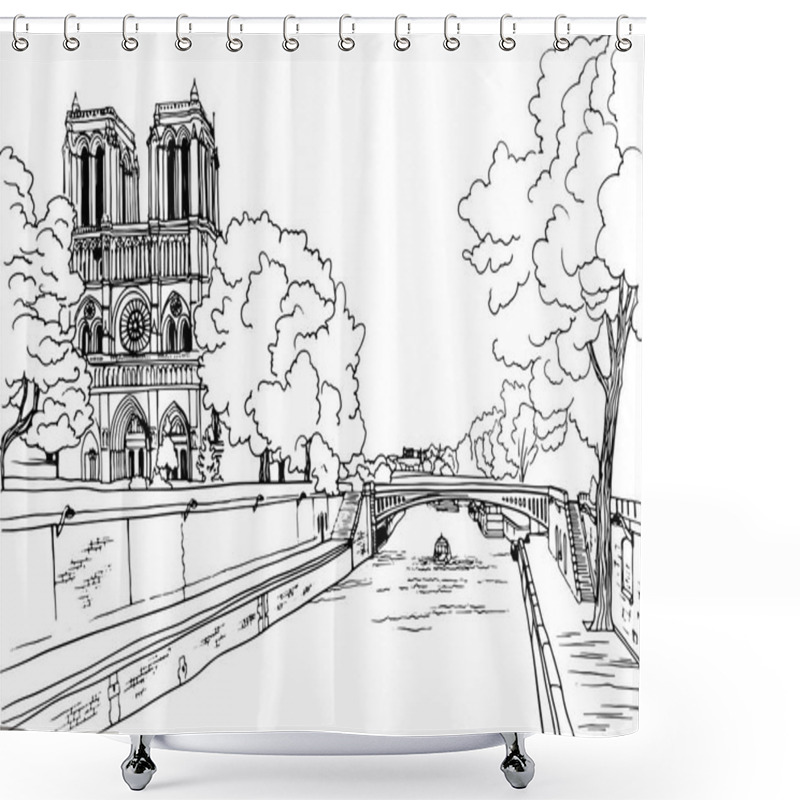 Personality  Romantic View Of Old Paris Bridge And River Seine. Paris, France. Hand Drawn Sketch. Line Art. Ink Drawing. Black And White Vector Background On White. For Illustration And Romantic Postcards. Shower Curtains