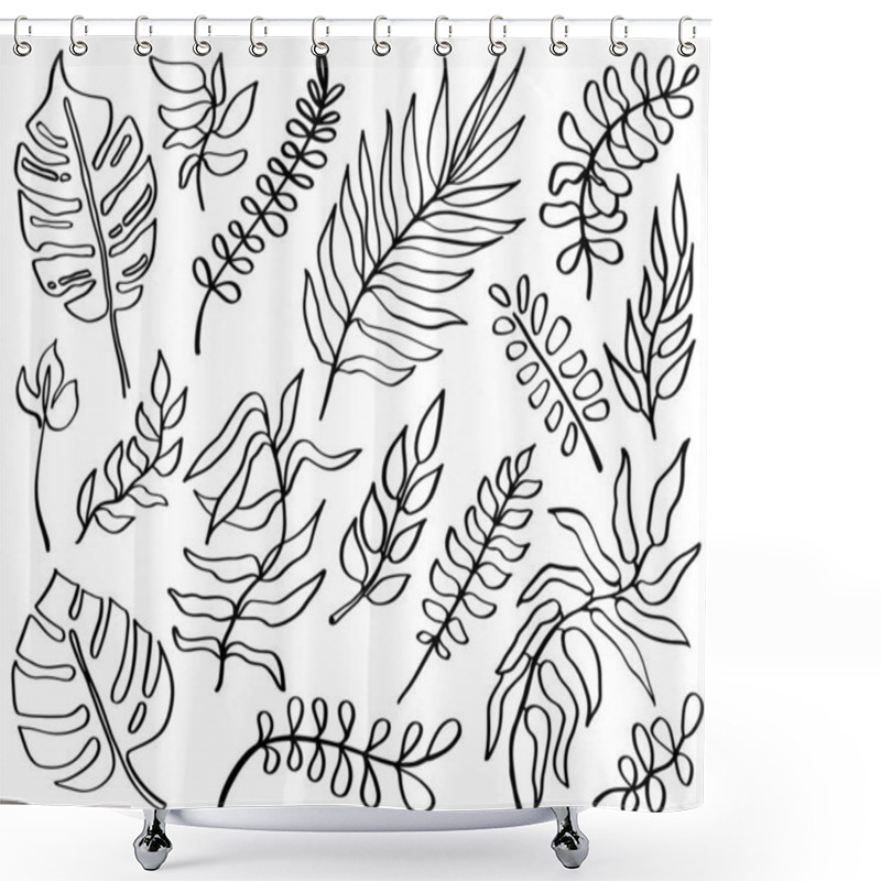 Personality  One Line Drawing Leaves Set In Doodle Style. Lineart Hand Drawn Black Plants. Modern Exotic Botanical Illustrations. Monstera, Palm Tropical Leaf. Shower Curtains