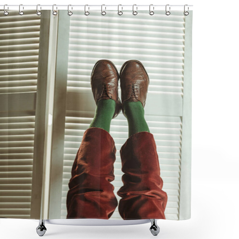 Personality  Cropped View Of Legs In Stylish Leather Shoes Near Folding Screen Shower Curtains