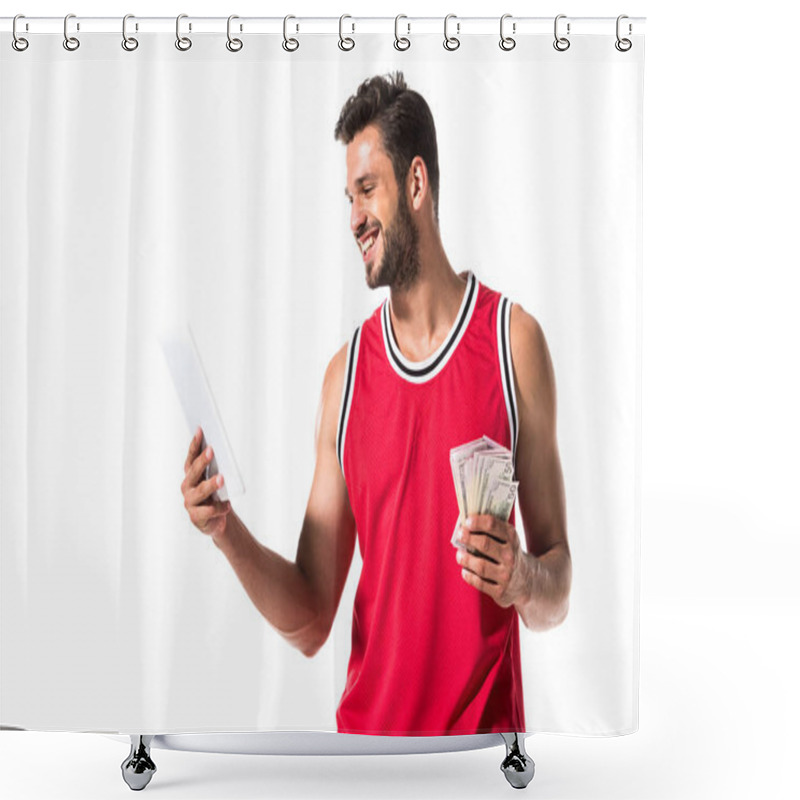 Personality  Basketball Player Holding Digital Device And Money Isolated On White  Shower Curtains