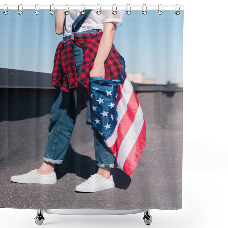 Personality  Cropped Shot Of Woman Holding American Flag  At Rooftop, Independence Day Concept Shower Curtains