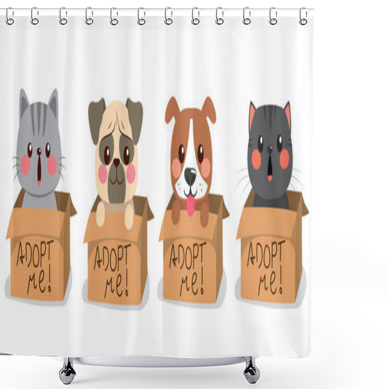 Personality  Home Pets Cute Dog And Cat Characters. Vector Cartoon Set Of Funny Domestic Animals Isolated On Background Shower Curtains