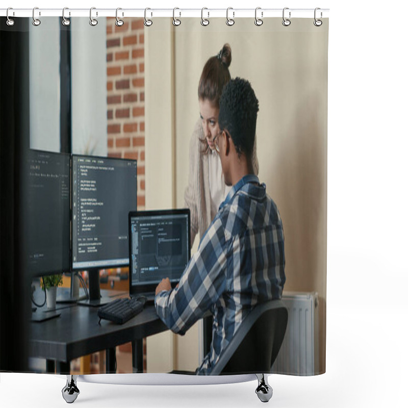 Personality  Two Programmers Doing High Five Hand Gesture At Desk With Multiple Screens Running Code Celebrating Shower Curtains