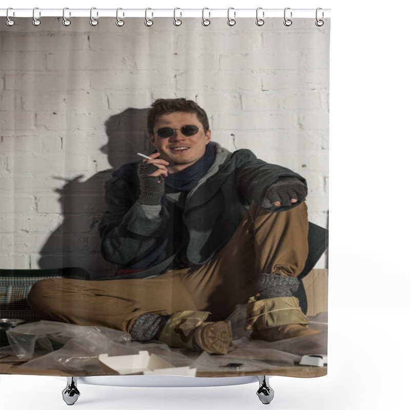 Personality  Smiling Homeless Man Smoking While Sitting By Brick Wall  Shower Curtains